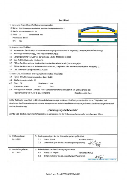 Certificate of the waste incineration plant in Bonn