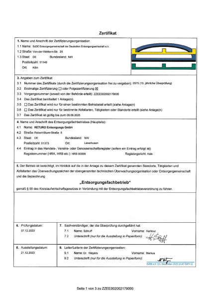 Certificate of Returo Entsorgungs GmbH