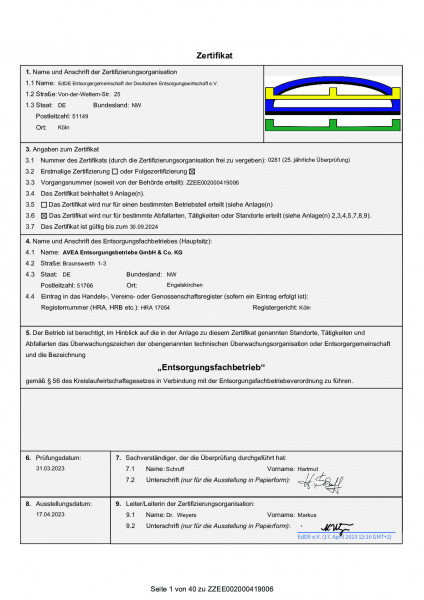 Certificate of the Leverkusen waste incineration plant