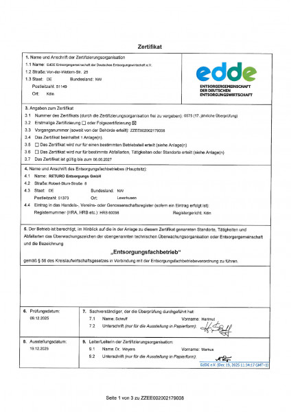 Zertifikat der Returo Entsorgungs GmbH